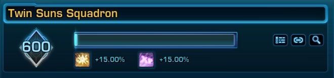 Twin Suns Squadron, a guild in SWTOR on Darth Malgus, achieves a notable milestone by reaching guild level 600, showcasing teamwork.